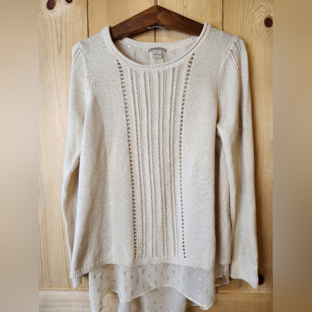 Lucky Brand Ivory Gold Metallic Accent Chiffon Lining Semi Open Back Sweater